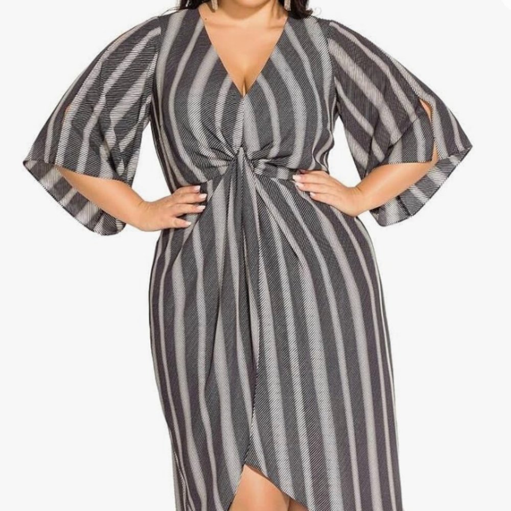 City Chic Striped Dress with Front Knot Detail - Phonic Stripe